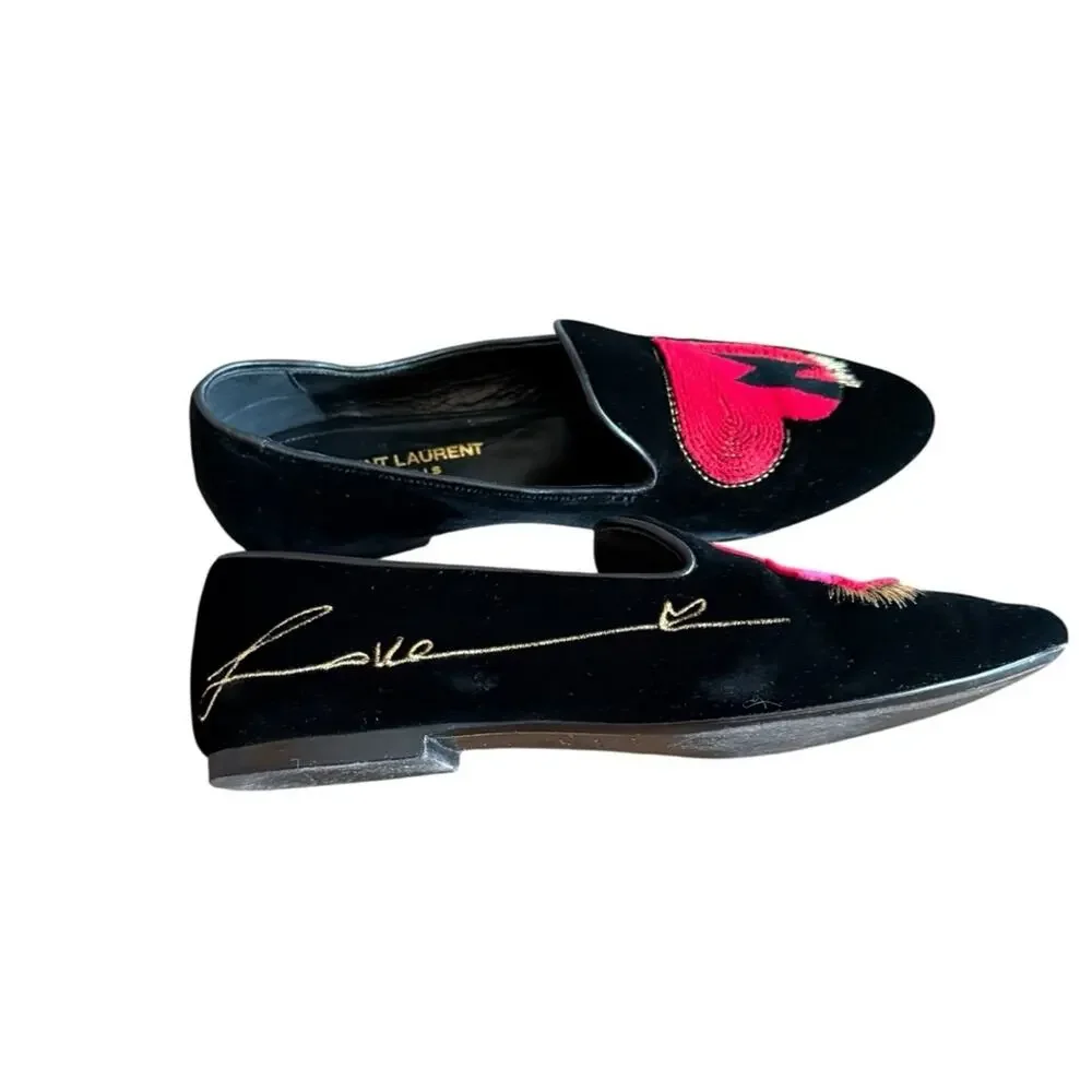 Saint Laurent Heart Amore Love Velvet Leather Flat Shoes Loafers EU 38.5 US 8.5